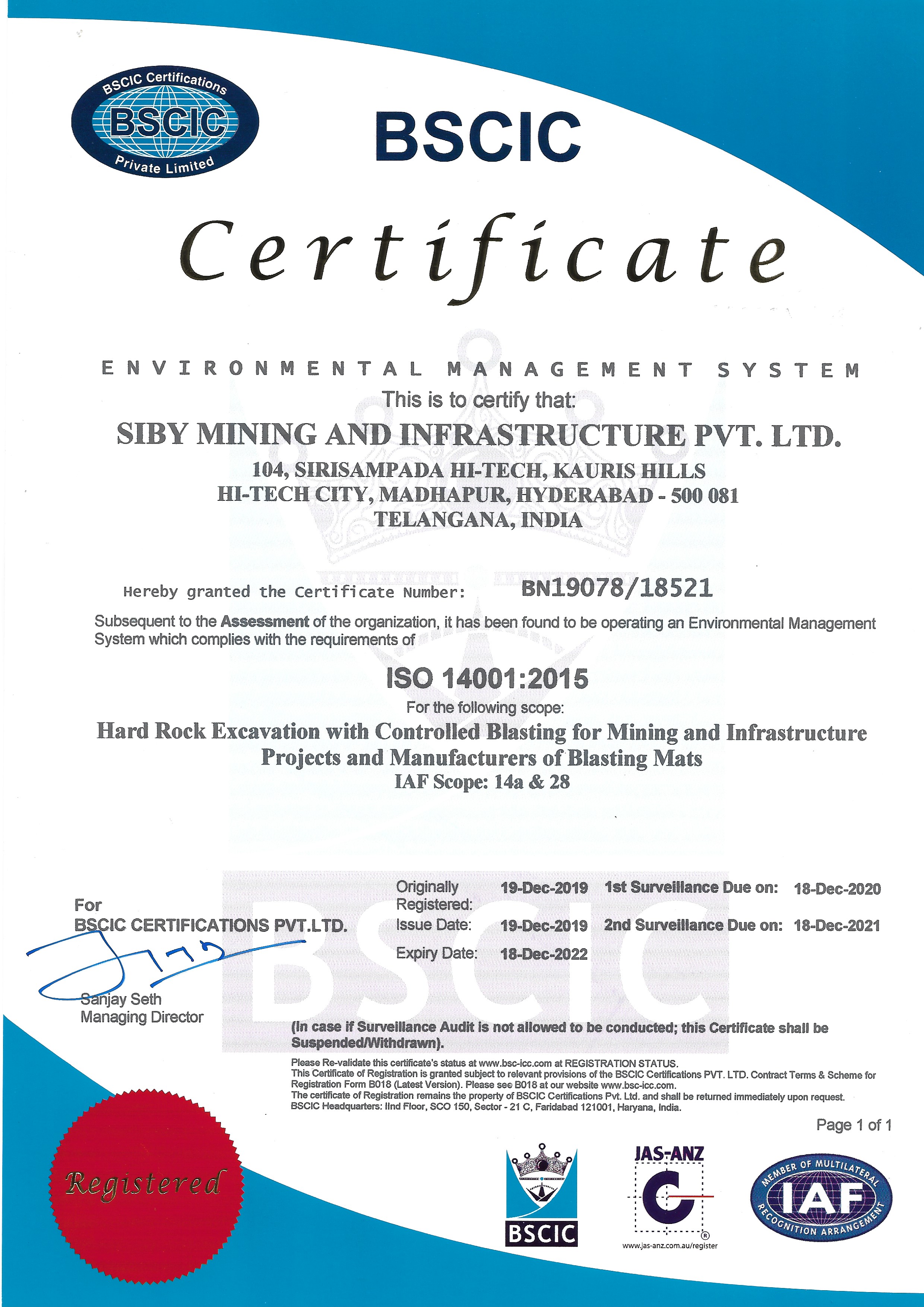 Siby Mining ISO 14001:2015 Certificate